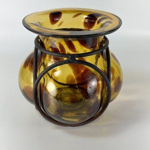 Vtg Handblown Caged Art Glass Candle Holder Vase Brutalist Wrought Iron Mexico
